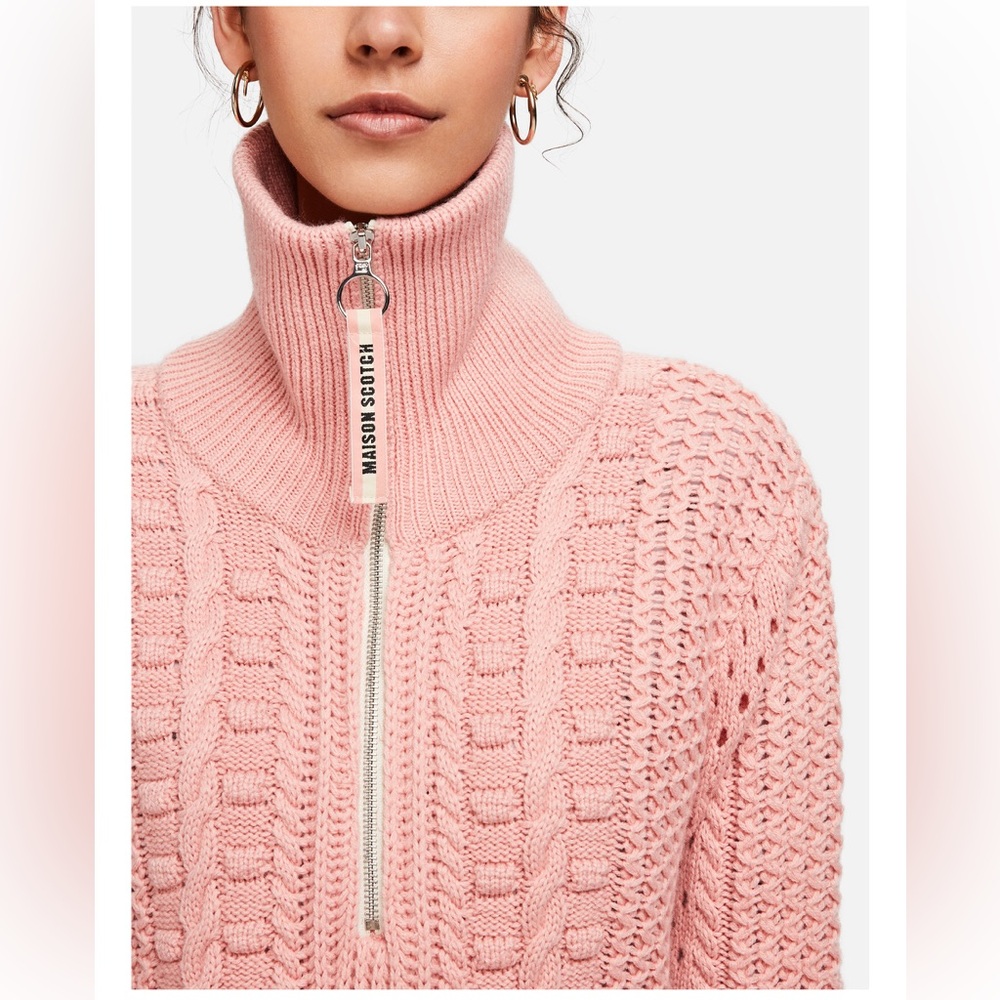 Scotch & Soda Pink Cable-Knit Zip Turtleneck Sweater